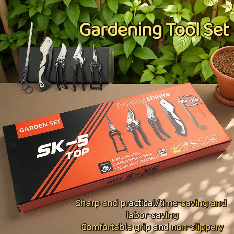 Gardening Five-Piece Tool Set – Pruning Scissors, Folding Saw & Toolbox for Flower Planting